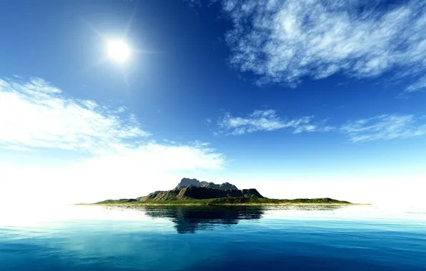 Картинка море, небо, вода, солнце, сине-зеленая фигня, острова