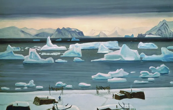 Картинка море, пейзаж, горы, картина, айсберг, Rockwell Kent, Рокуэлл Кент, Ноябрь в Генландии