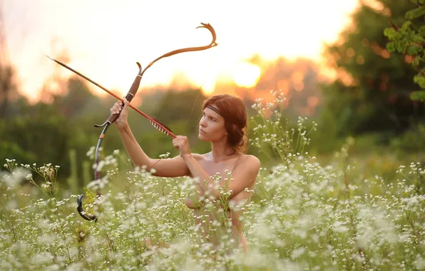Nature, flowers, topless, brunette, erotic, bow, amazon, arrow