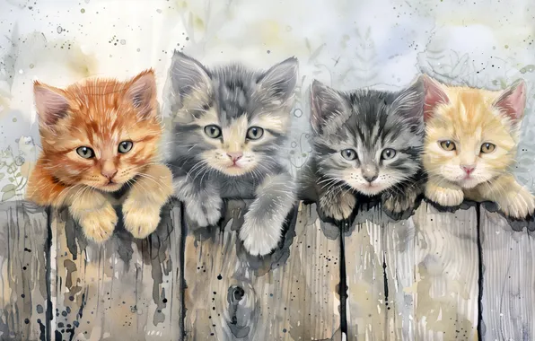 Взгляд, кошки, поза, котята, мордашки, ИИ-арт, нейросеть