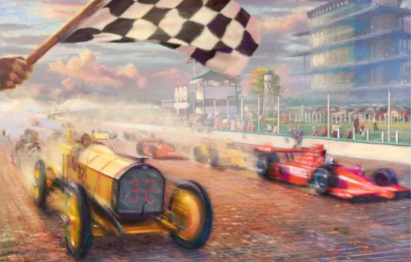 Машины, скорость, флаг, гонки, живопись, автомобили, race, Томас Кинкейд