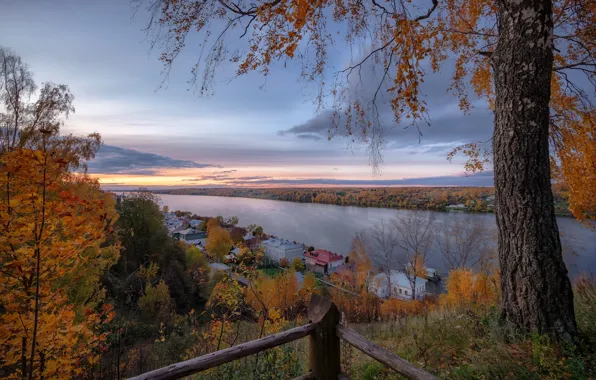 Осень, пейзаж, природа, город, река, дерево, дома, склон