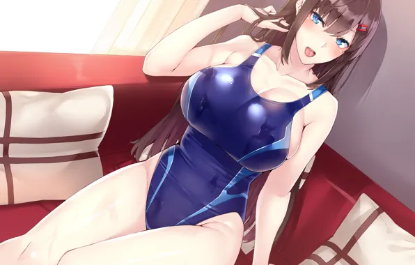 Girl, sexy, wet, cleavage, long hair, brown hair, boobs, anime
