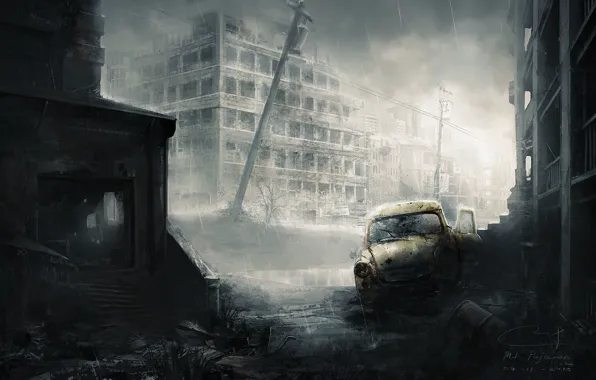 Картинка машина, город, дождь, остов, арт, руины, постапокалипсис