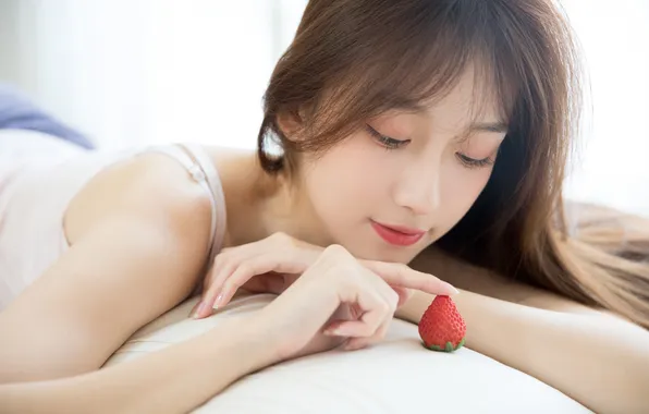 Beautiful, Cherry, Asian, Model, Smile, Bed, Woman, Cute