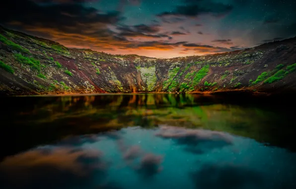Картинка небо, звезды, горы, отражение, вечер, сумерки, Исландия, водоем