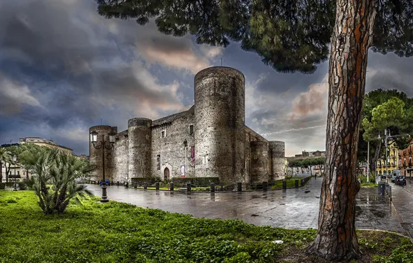 Замок, дерево, стены, обработка, фонари, Италия, Сицилия, Sicilia