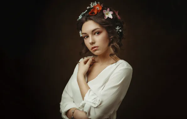 Взгляд, цветы, поза, фон, модель, портрет, руки, макияж