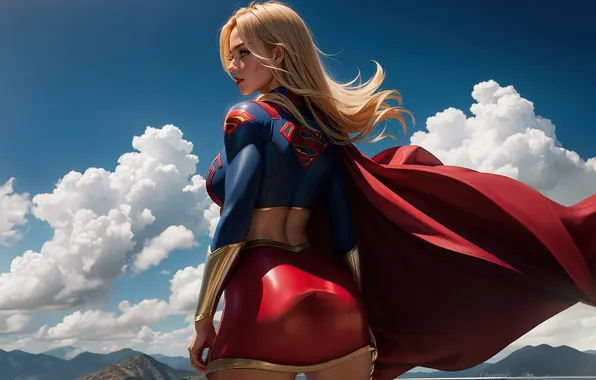 Облака, юбка, плащ, красивая девушка, clouds, супер герои, beautiful girl, super heroes