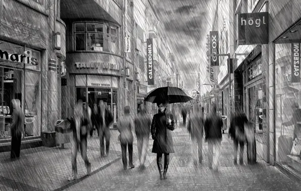 Дождь, улица, зонт, арт, Lady Rain