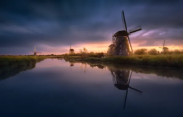 Вода, свет, вечер, канал, Нидерланды, ветряные мельницы