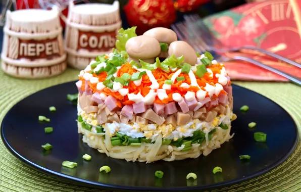 Грибы, овощи, слои, салат