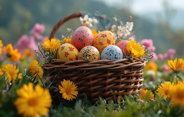 Цветы, яйца, весна, colorful, Пасха, happy, flowers, spring