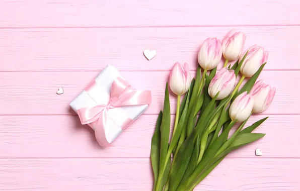Картинка цветы, подарок, букет, тюльпаны, розовые, wood, pink, flowers