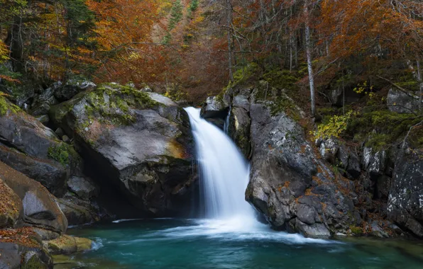 Осень, лес, скалы, берег, листва, водопад, поток, краски осени