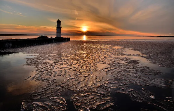 Картинка лед, солнце, закат, маяк, залив
