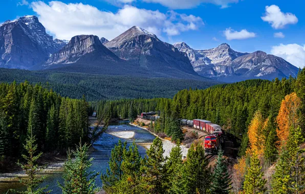 Лес, деревья, горы, река, поезд, Канада, Альберта, Banff National Park