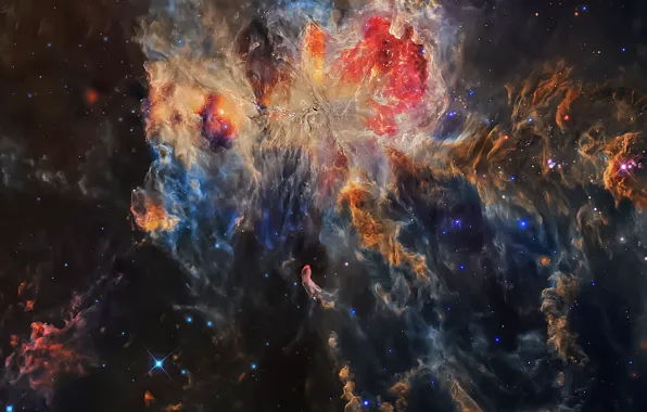 Картинка космос, звезды, туманность, M42, туманность Ориона, пылевые волокна, скопления звезд Трапеция