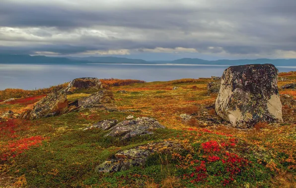 Облака, озеро, камни, горизонт, простор, валуны, Мурзинов Виктор, Осень на Севере