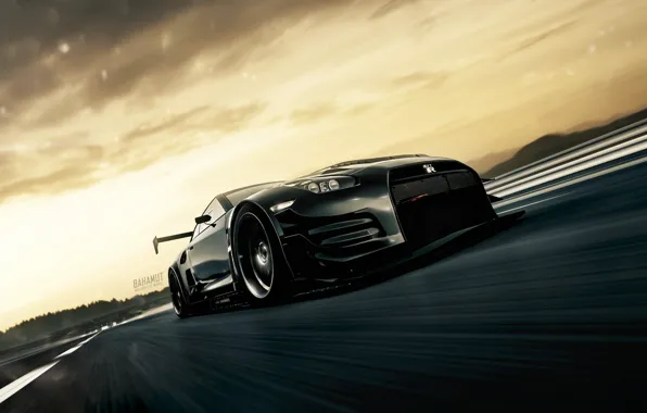 Авто, Черный, Машина, Движение, Car, Автомобиль, Art, Nissan GT-R