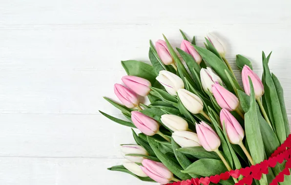 Картинка цветы, букет, лента, тюльпаны, розовые, wood, pink, flowers