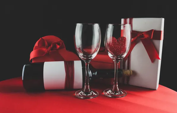 Вино, бокалы, red, love, romantic, hearts, valentine's day, gift