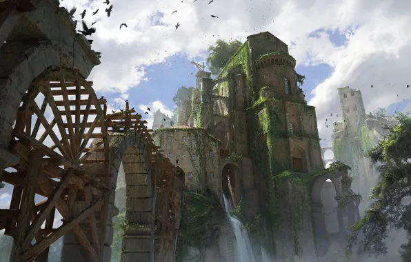 Птицы, замок, водопад, сооружение, Abandoned city