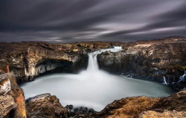 Небо, камни, пасмурно, скалы, водопад, Iceland, Aldeyjarfoss
