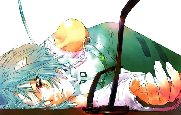 Рука, очки, лежит, боль, красные глаза, Neon Genesis Evangelion, art, Ayanami Rei
