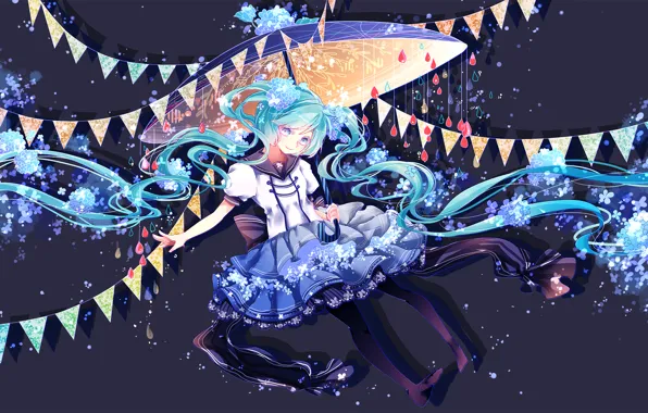 Картинка девушка, цветы, улыбка, зонт, аниме, арт, vocaloid, hatsune miku