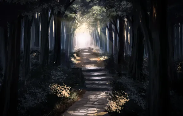 Картинка дорога, лес, деревья, арт, лестница, нарисованный пейзаж