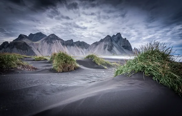 Небо, трава, горы, Исландия, Vestrahorn, Stockksness, чёрный песок