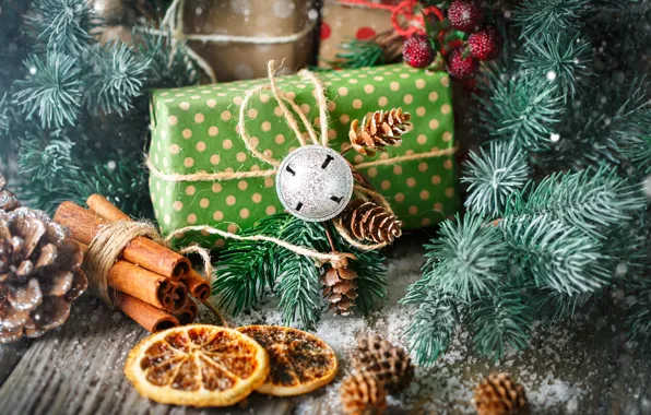 Картинка снег, украшения, Новый Год, Рождество, подарки, christmas, balls, wood