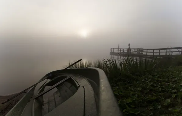 Туман, озеро, лодка, утро