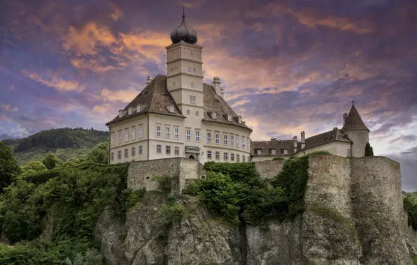 Картинка пейзаж, закат, горы, природа, замок, скалы, Венгрия
