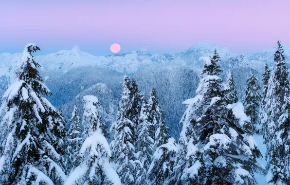 Картинка зима, снег, горы, луна, вечер
