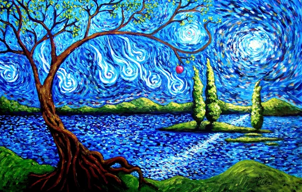 Картинка небо, абстракция, озеро, дерево, остров, яблоко, арт
