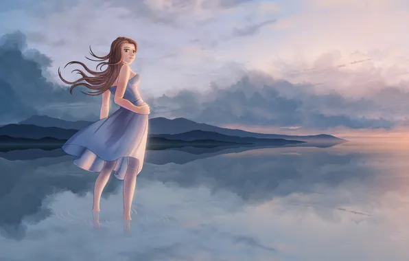 Картинка девушка, облака, отражение, река, ветер, арт, локоны