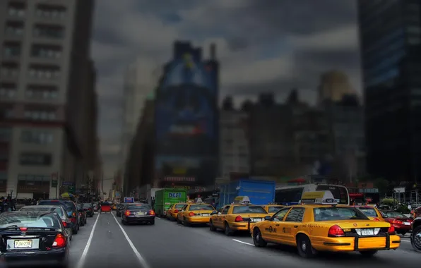 Машины, улица, Нью-Йорк, Манхеттен, эффект tilt-shift