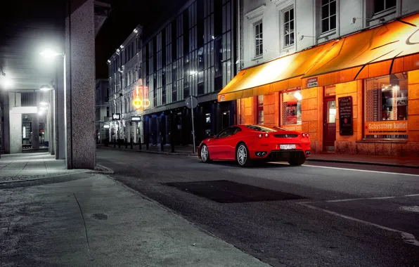 Картинка город, улица, вечер, феррари, красная, ferrari f430