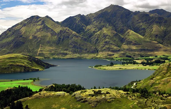 Зелень, горы, озеро, новая зеландия