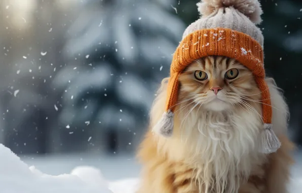 Зима, кошка, кот, снег, Рождество, Новый год, шапочка, бомбошки