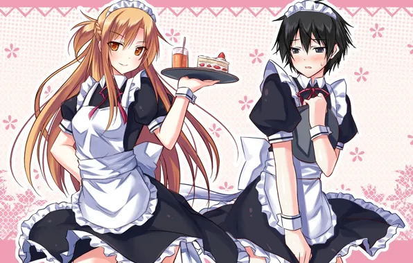 Аниме, арт, Sword Art Online, мастера меча онлаин, Асуна, Кирито, горничные