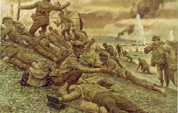 Картинка оружие, рисунок, Франция, арт, солдаты, экипировка, Нормандия, WW2
