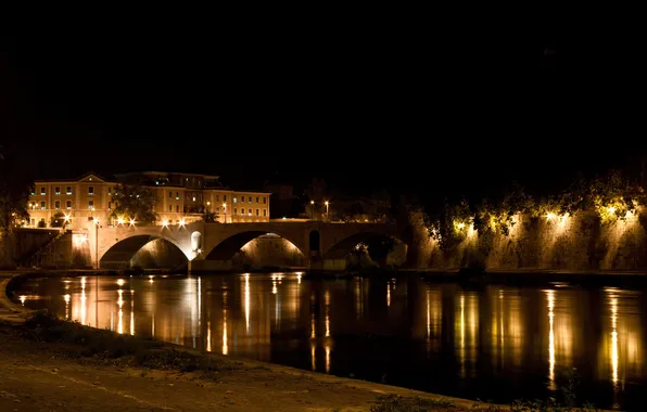 Ночь, мост, город, фото, Рим, Италия, Rome