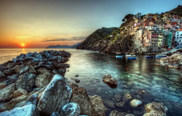 Море, пейзаж, закат, побережье, здания, лодки, Italy, Riomaggiore
