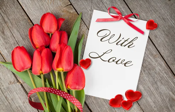 Любовь, букет, сердечки, тюльпаны, red, flowers, romantic, hearts