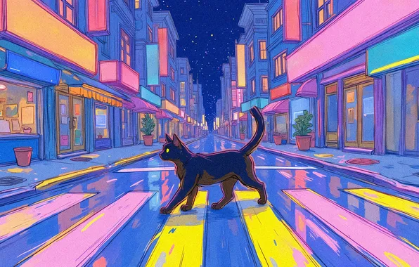 Дорога, кошка, кот, ночь, город, огни, поза, полосы