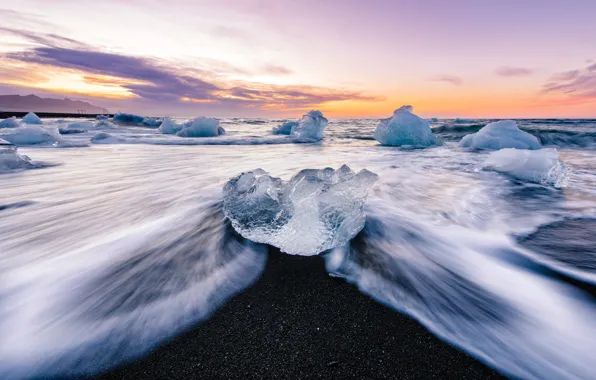Берег, лёд, утро, Исландия, ледниковая лагуна Йёкюльсаурлоун