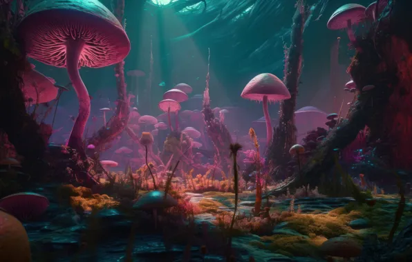 Картинка wallpaper, Fantasy, picture, Cave, Plants, Mushrooms